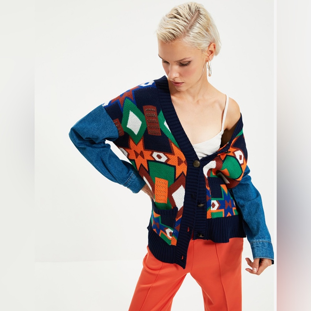 Multicolor Geometric Knit Cardigan Sweater